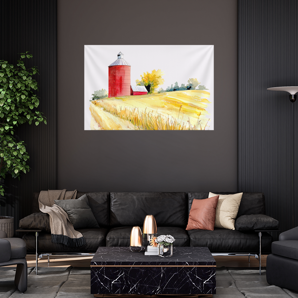 Red Farm Silo and Golden Wheat Field Wall Tapestry