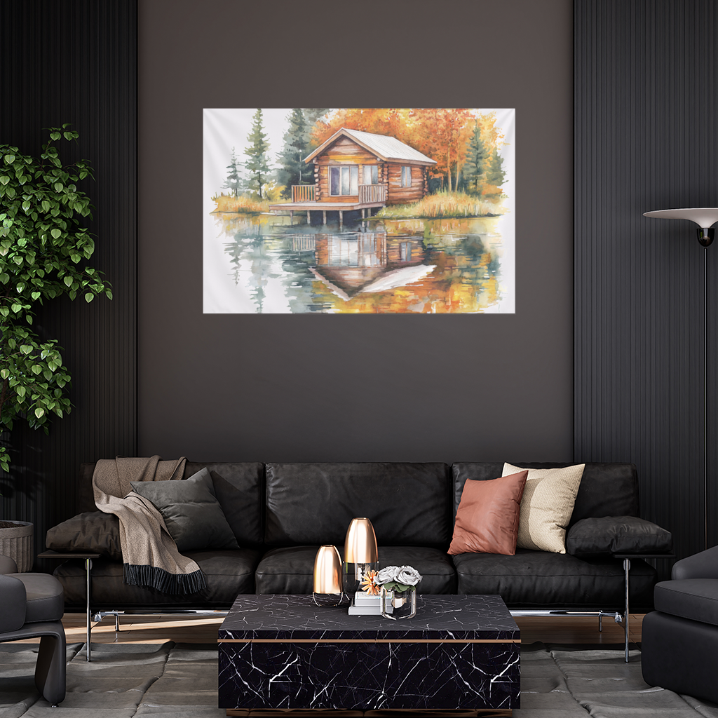 Lakeside Log Cabin Autumn Landscape Wall Tapestry