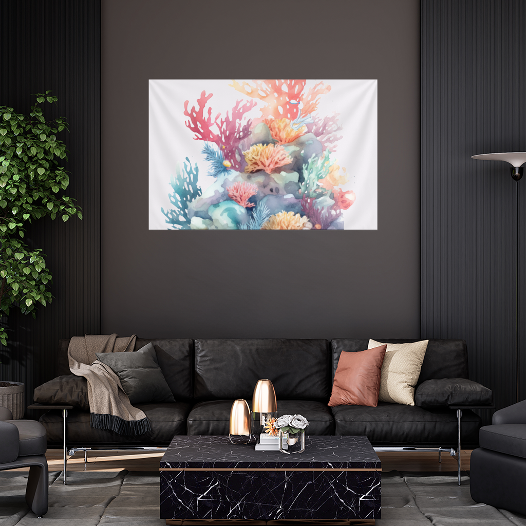 Vibrant Watercolor Coral Reef Scene Wall Tapestry