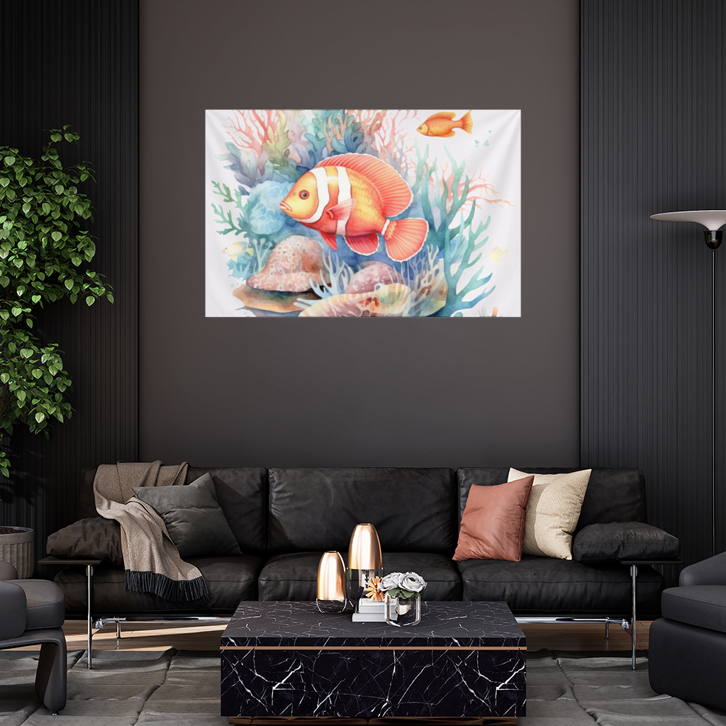 Watercolor Clownfish and Tropical Coral Reef Wall Tapestry