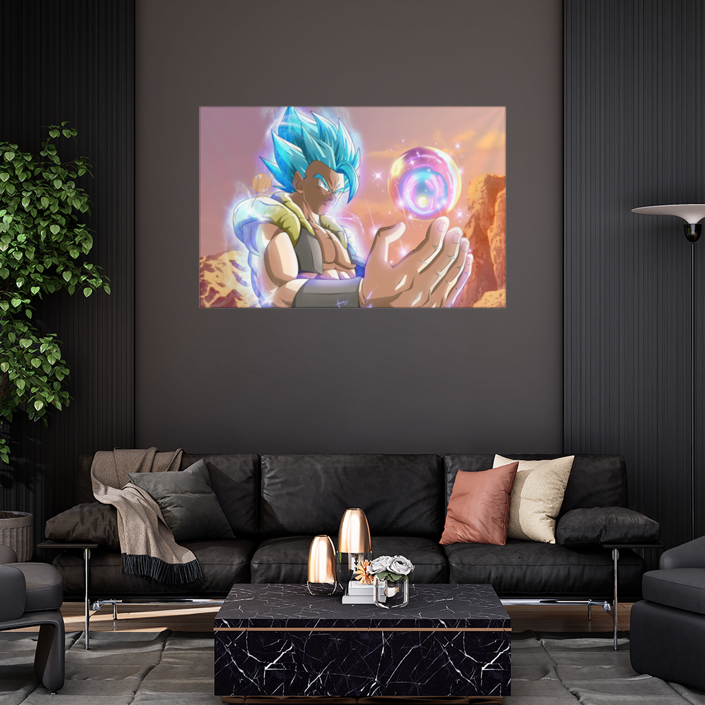 Blue Haired Warrior with Energy Orb Wall Tapestry