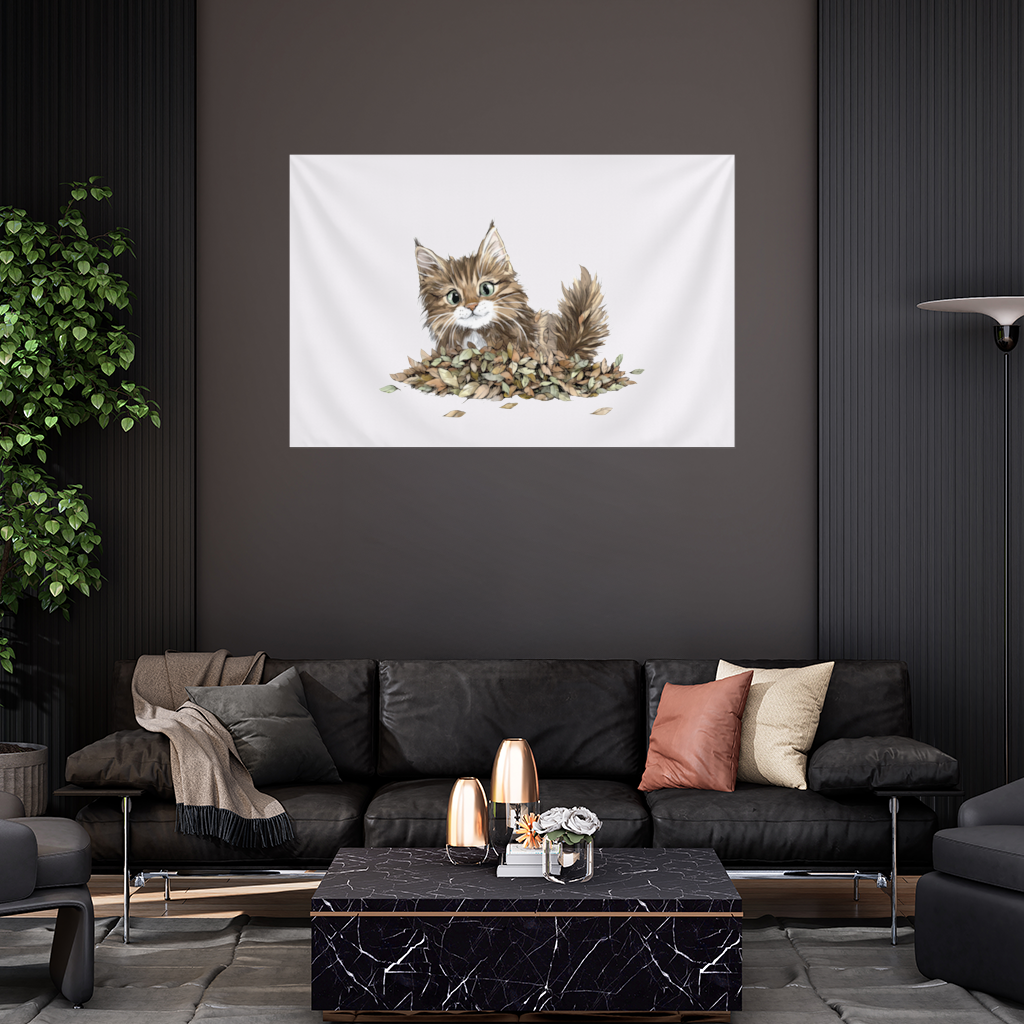 Cute Fluffy Kitten in Autumn Leaves 