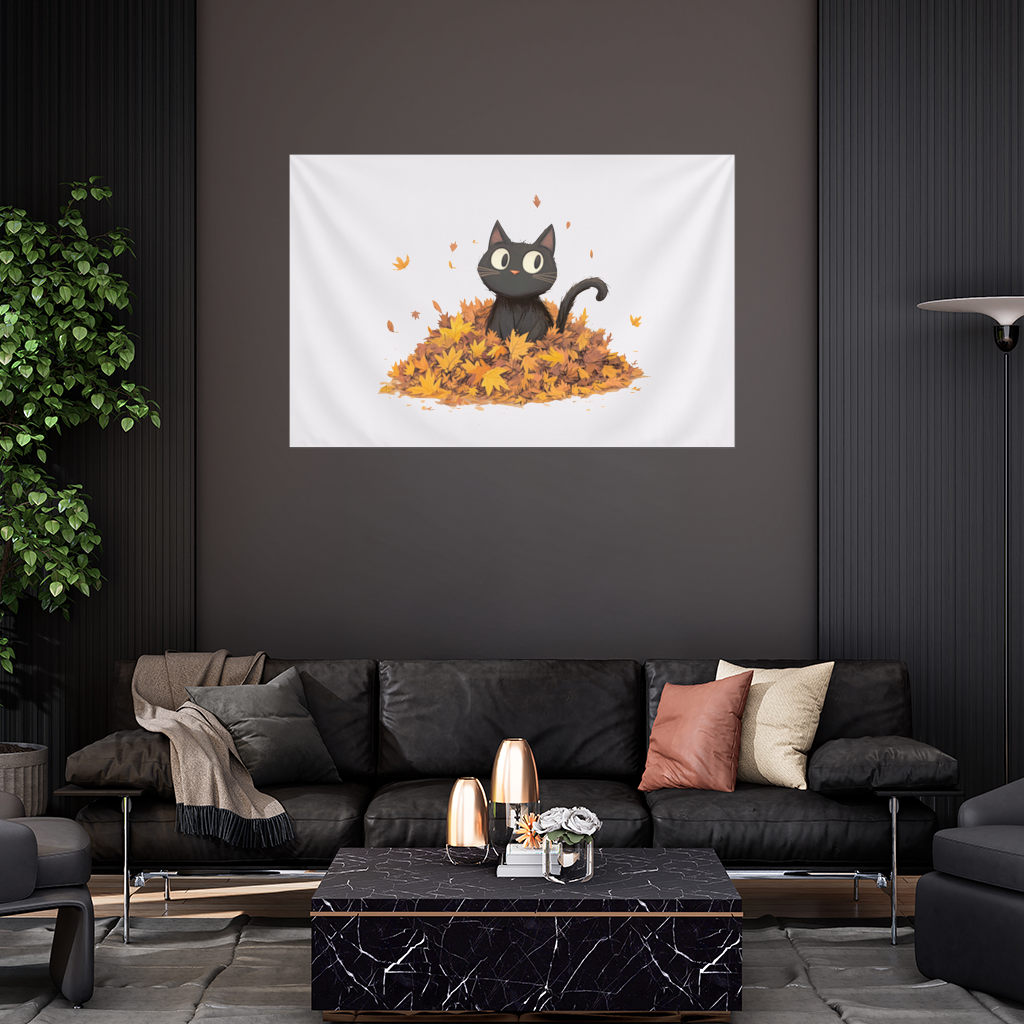 Cute Black Cat in Autumn Leaves 