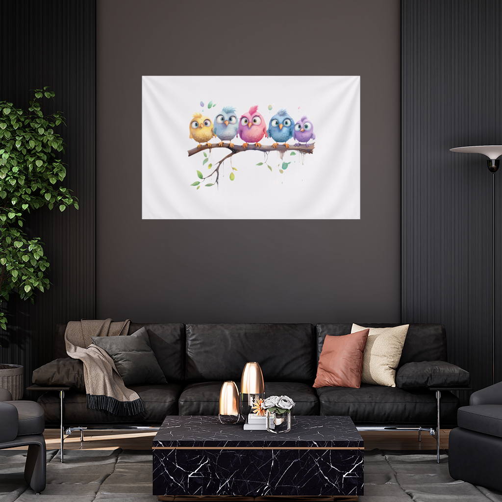 Five Colorful Kawaii Birds on Branch Wall Tapestry