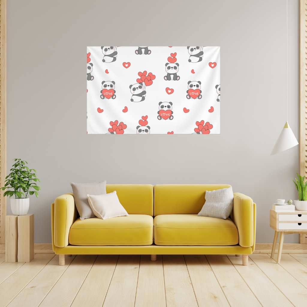 Cute Panda Valentines Day Love Heart Pattern Design Wall Tapestry