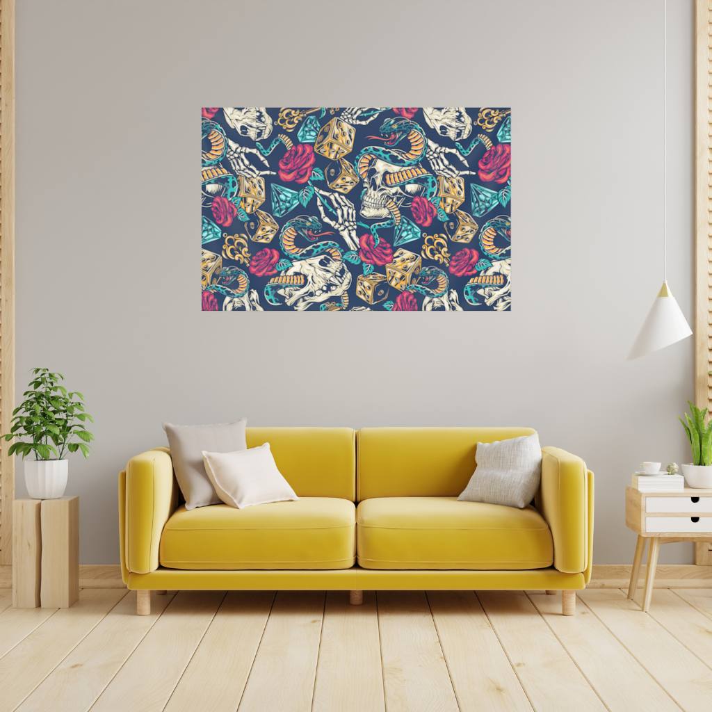 Skull Snake Dice and Roses Pattern Wall Tapestry