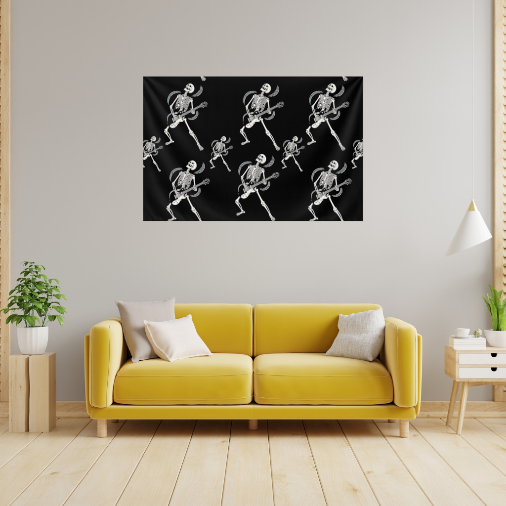 Rock Guitar Playing Skeleton Pattern on Black Wall Tapestry