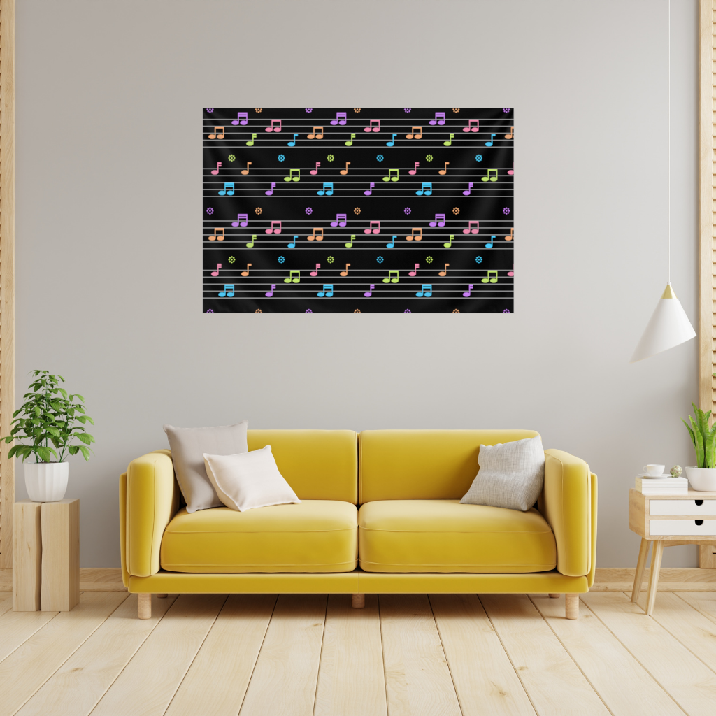 Vibrant Neon Music Notes and Rhythm Seamless Pattern Wall Tapestry