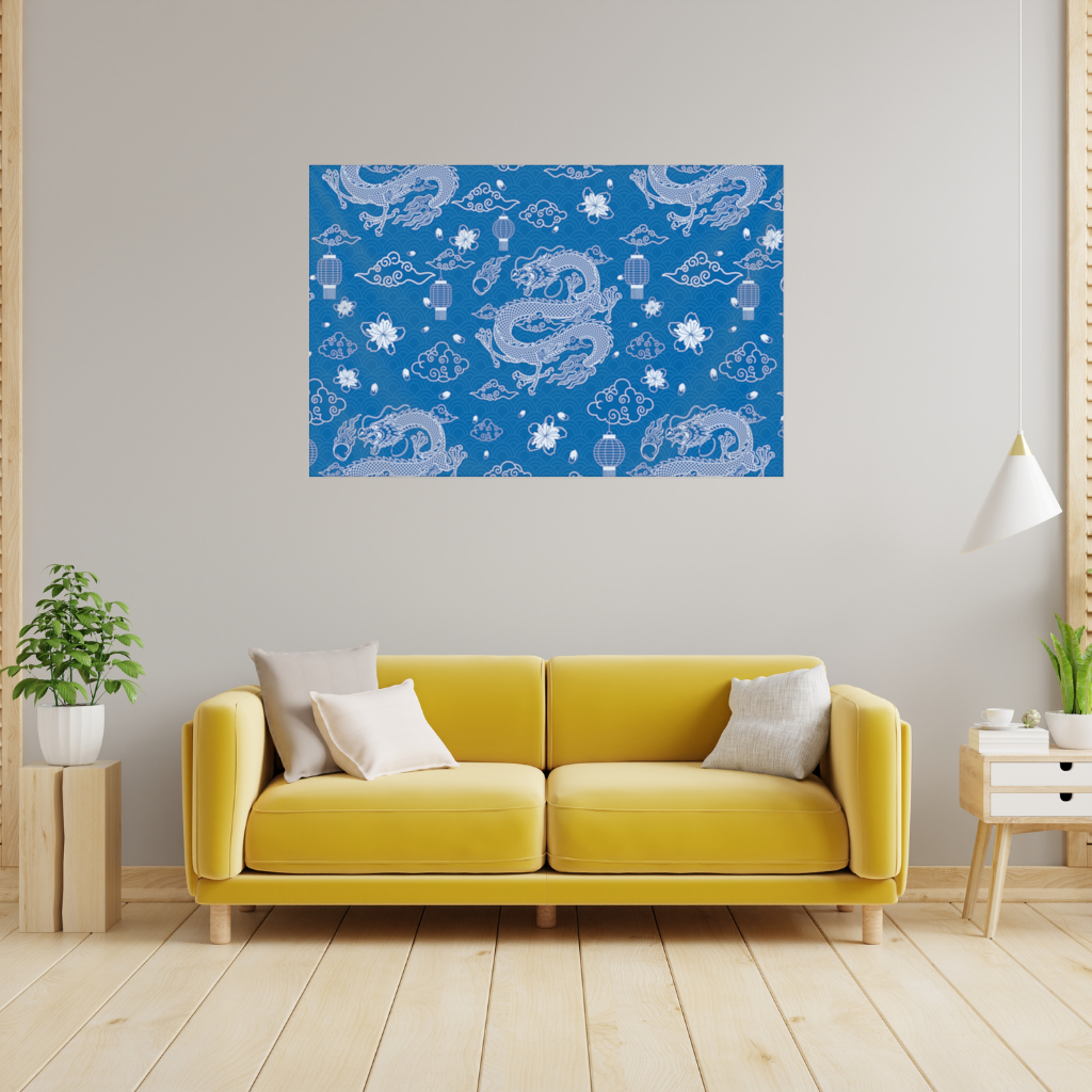 Traditional Dragon Pattern on Blue Background Wall Tapestry