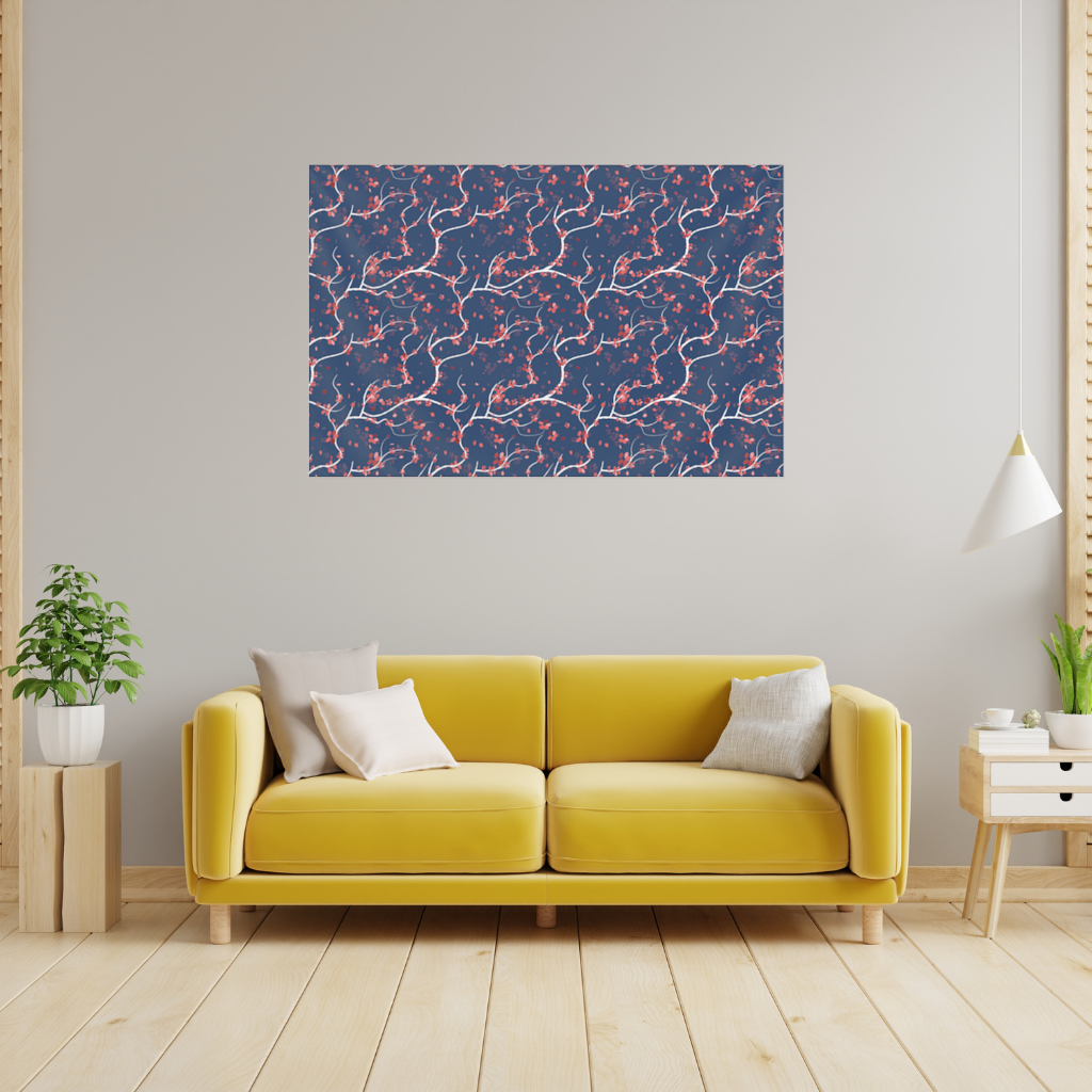 Red Floral Branch Pattern on Navy Background 