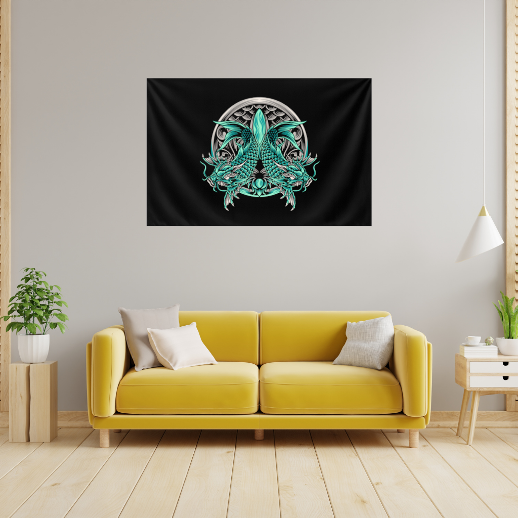 Turkuaz Çift Ejderha Amblem Tasarımı Duvar Örtüsü