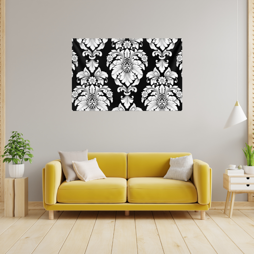 Black and White Baroque Floral Pattern Wall Tapestry
