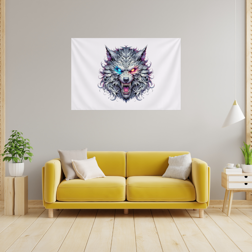 Fierce Wolf Head Illustration Heterochromia Eyes, Savage Wolf Wall Tapestry
