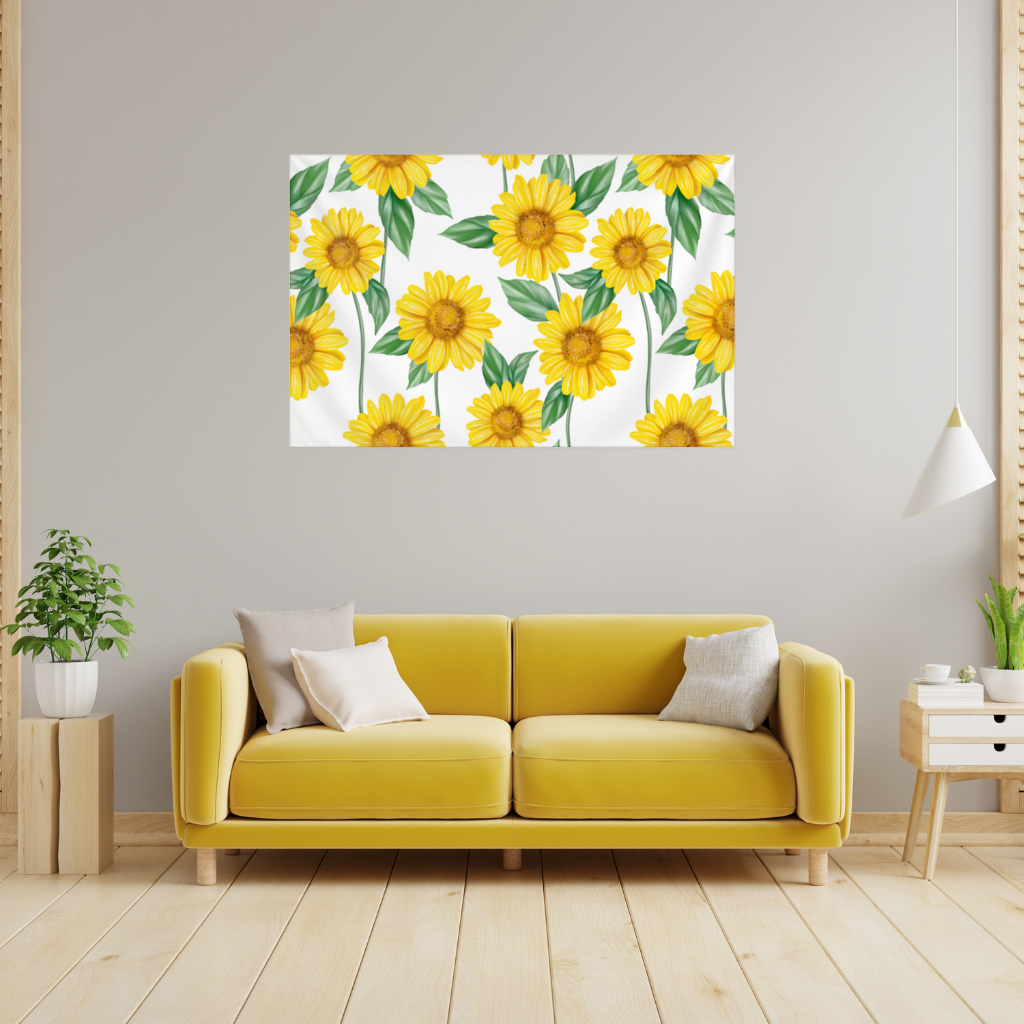 Vibrant Yellow Sunflower and Green Leaf Pattern Illustration Wall Tapestry