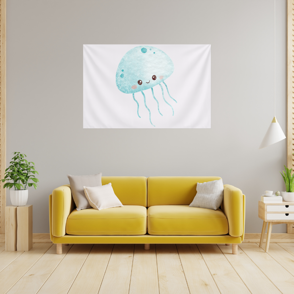 Cute Blue Jellyfish Character Wall Tapestry