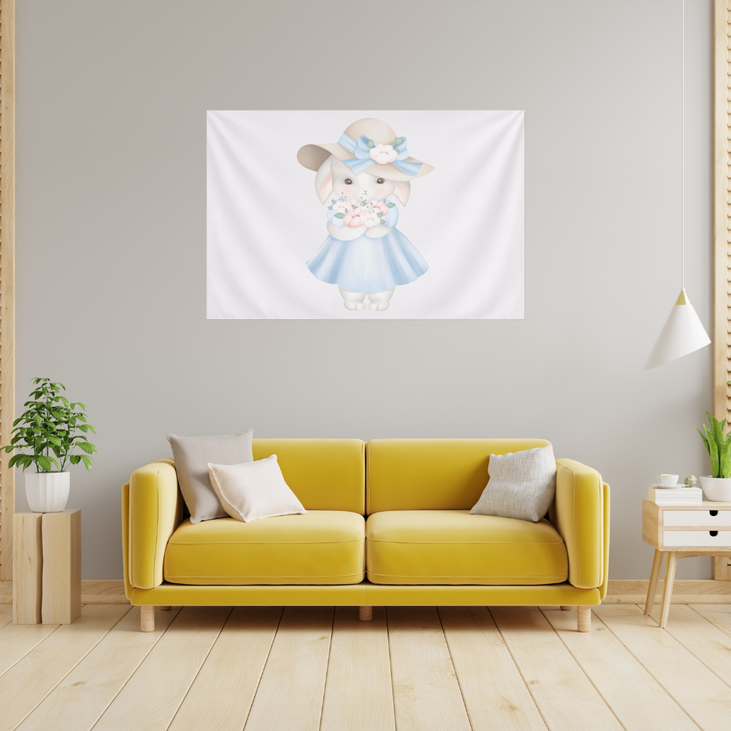 Cute Bunny with Hat Holding Flowers Wall Tapestry