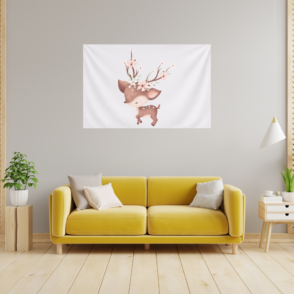 Çiçekli Boynuzlu Sevimli Yavru Geyik Duvar Örtüsü