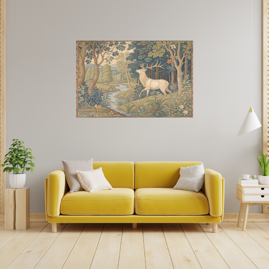 Noble Deer in Forest Landscape Classic Art Illustration Wall Tapestry