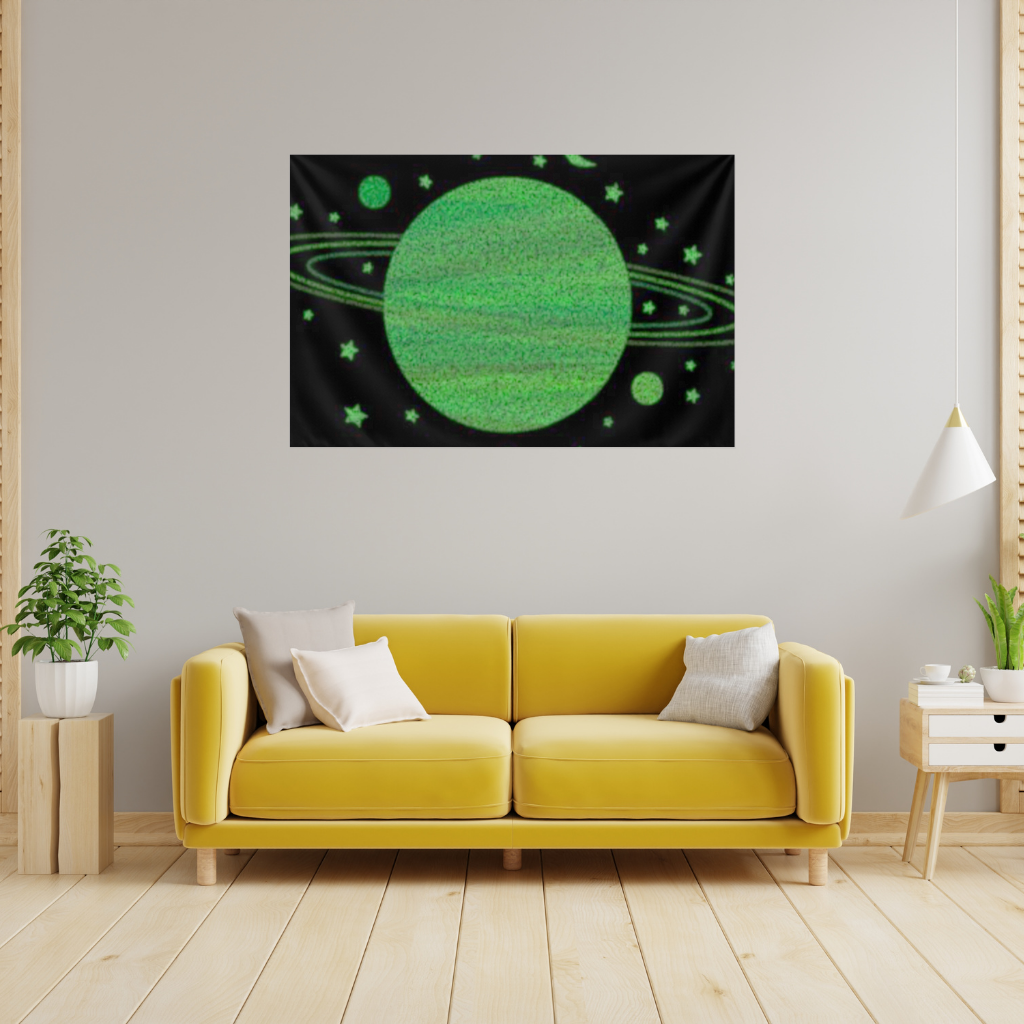Green planets on a black background. Wall Tapestry