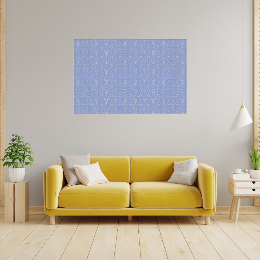 Orange Linear Floral Pattern on Blue Wall Tapestry