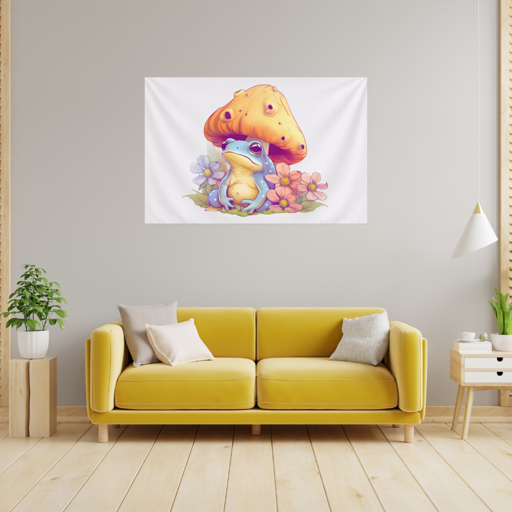 Blue Frog Resting Under Orange Mushroom Wall Tapestry