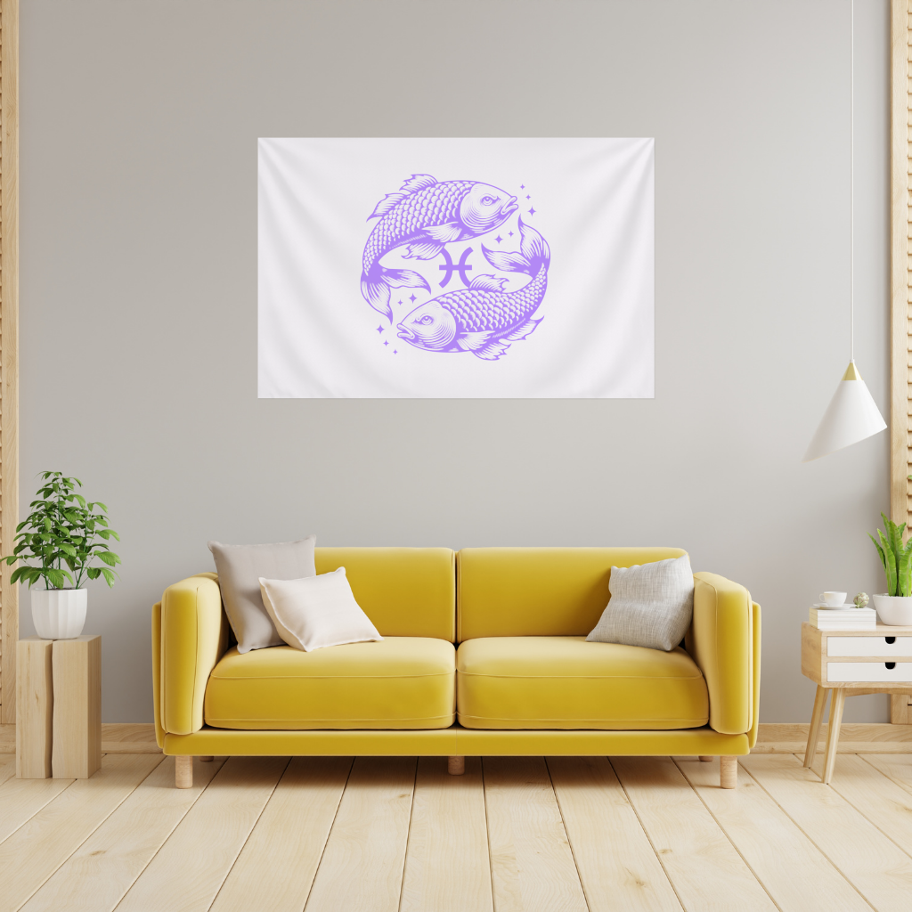 Pisces Zodiac Symbol with Purple Fish Art Wall Tapestry