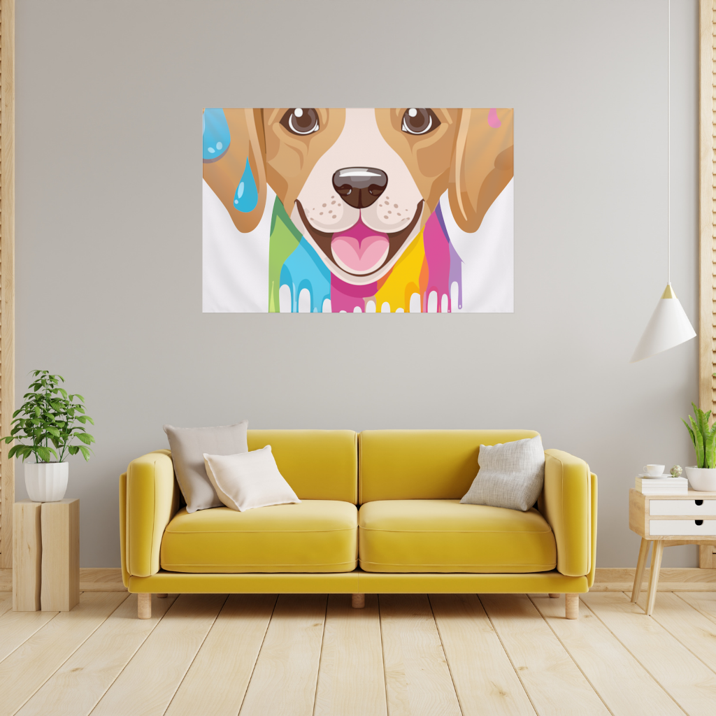 Happy Dog with Colorful Paint Drips Wall Tapestry