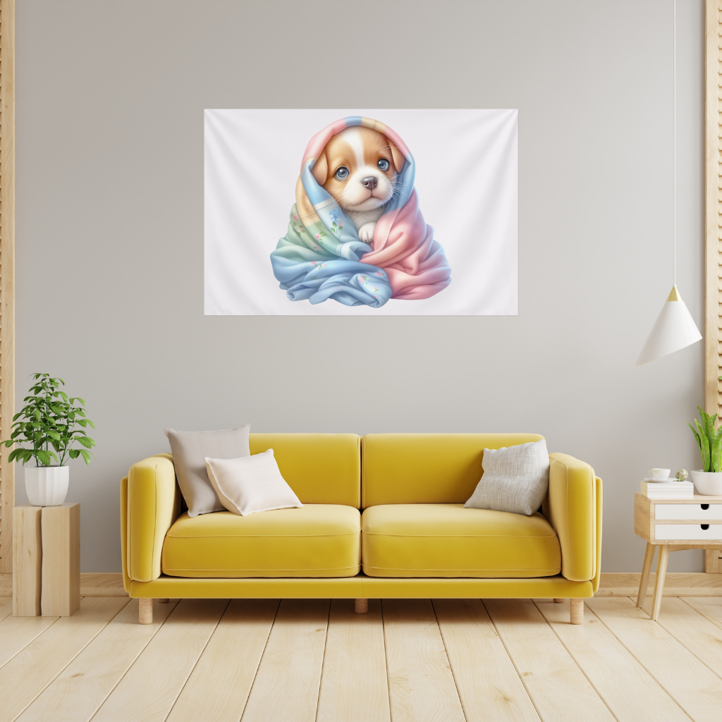 Cute Puppy Wrapped in Colorful Blanket Wall Tapestry