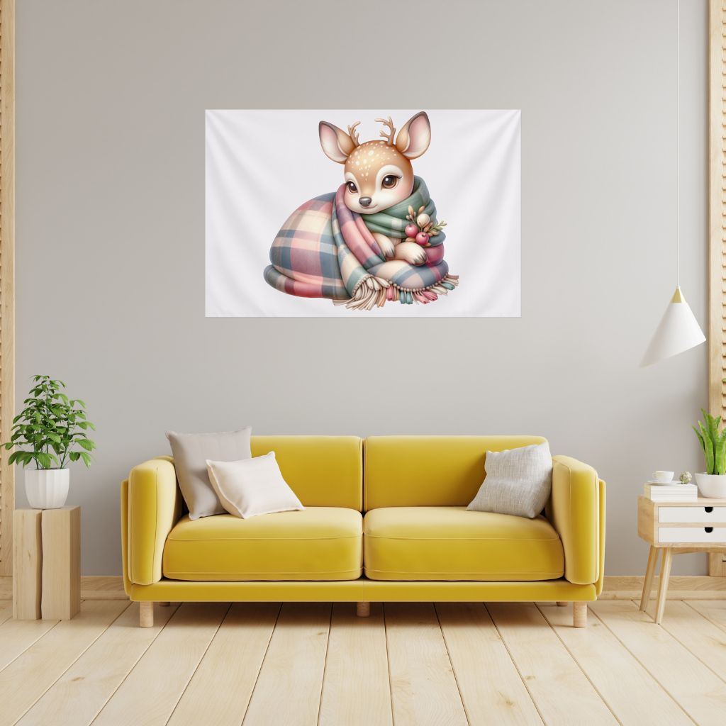 Kawaii Baby Deer with Plaid Scarf Wall Tapestry