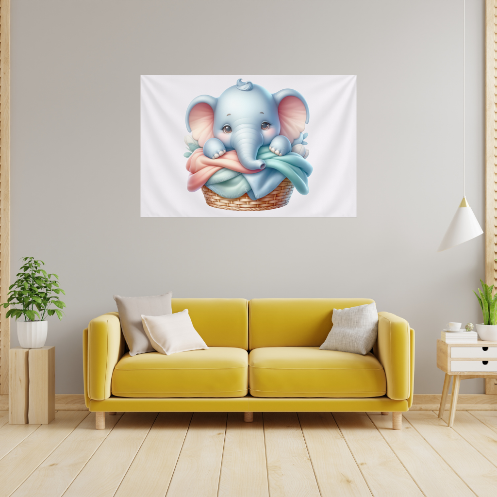 Cute Baby Elephant in Basket Wall Tapestry