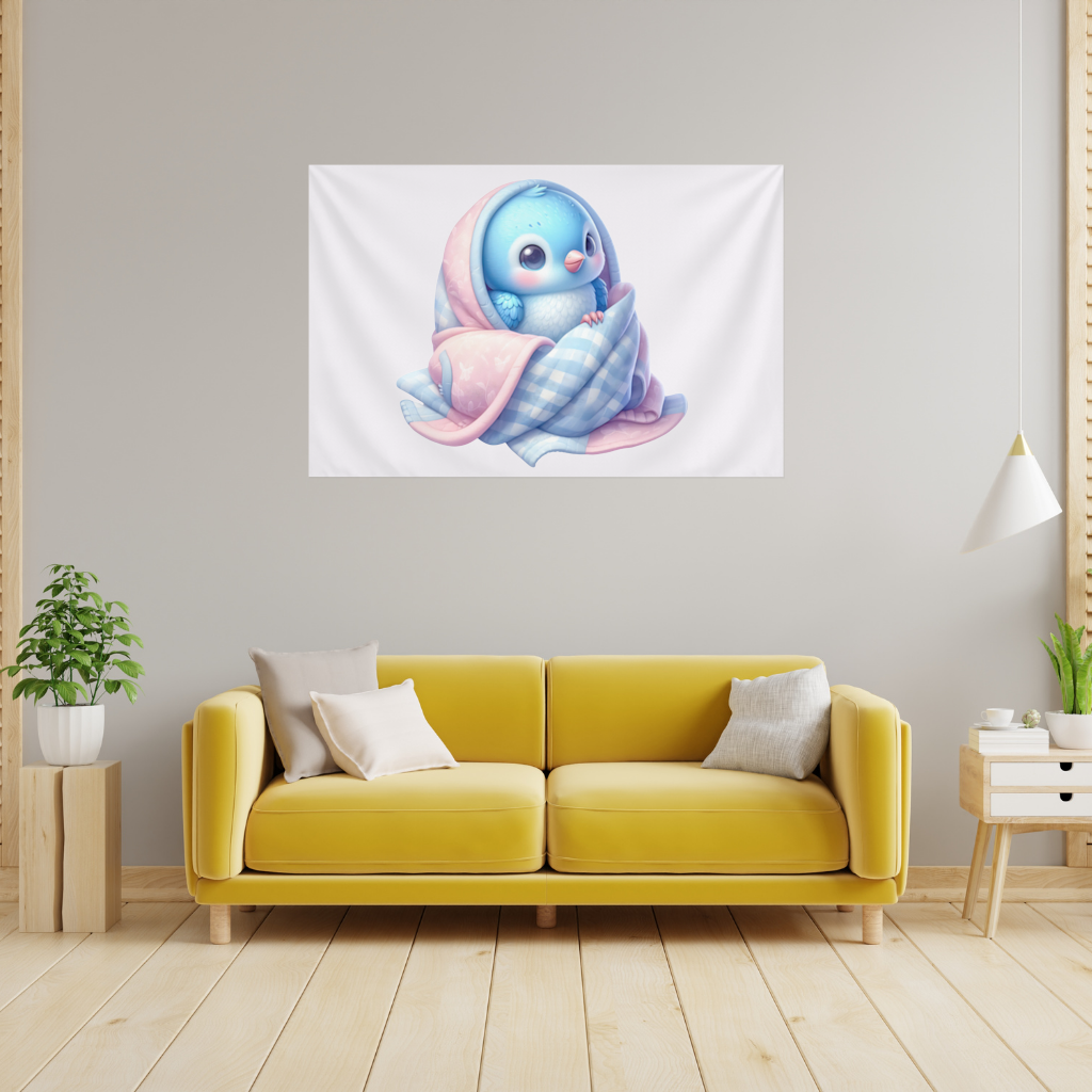 Kawaii Blue Bird in Blanket Wall Tapestry