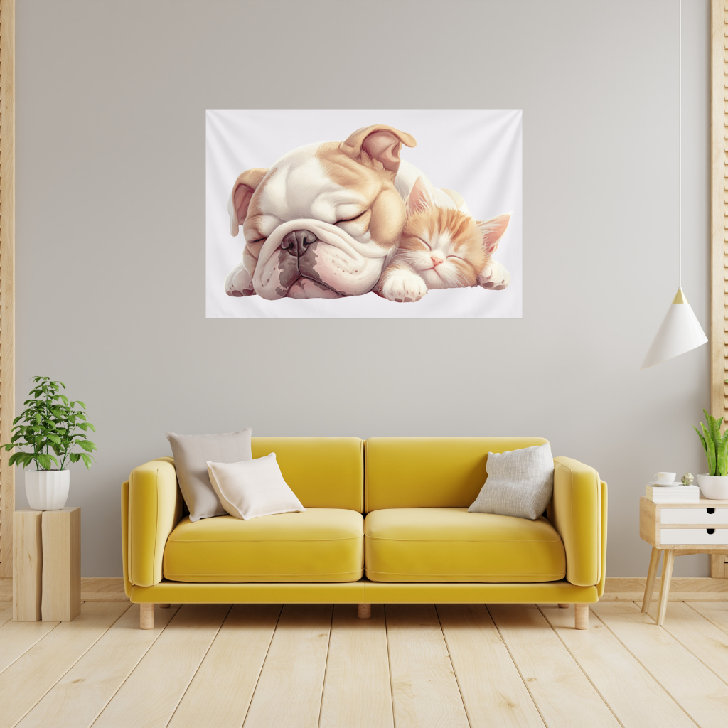 Sleeping Bulldog and Ginger Kitten Wall Tapestry