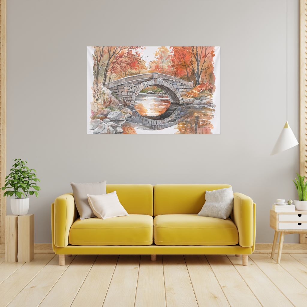Autumn Stone Arch Bridge Over River Wall Tapestry