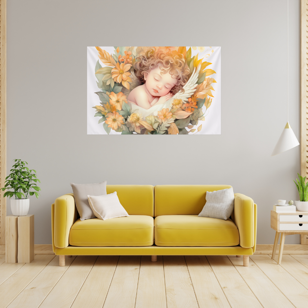 Sleeping Cherub in Cottagecore Flowers Wall Tapestry