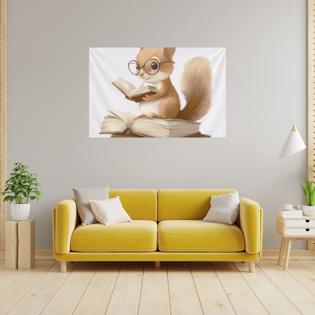 Scholarly Squirrel Reading on Book Stack Wall Tapestry