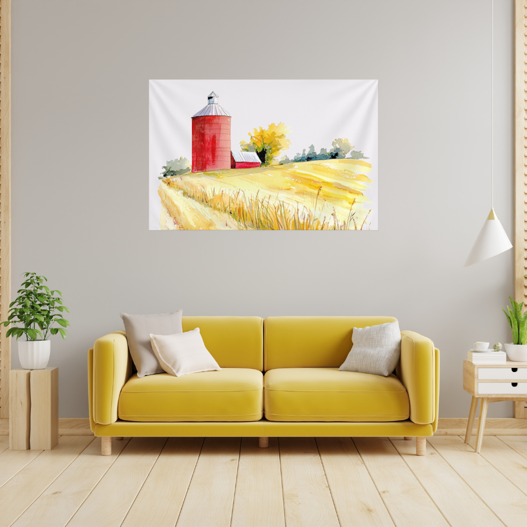 Red Farm Silo and Golden Wheat Field Wall Tapestry