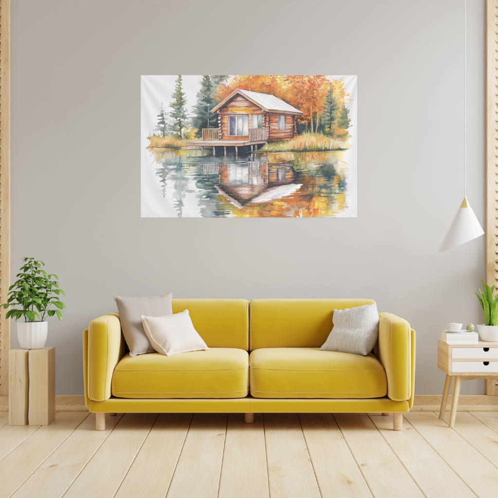 Lakeside Log Cabin Autumn Landscape Wall Tapestry