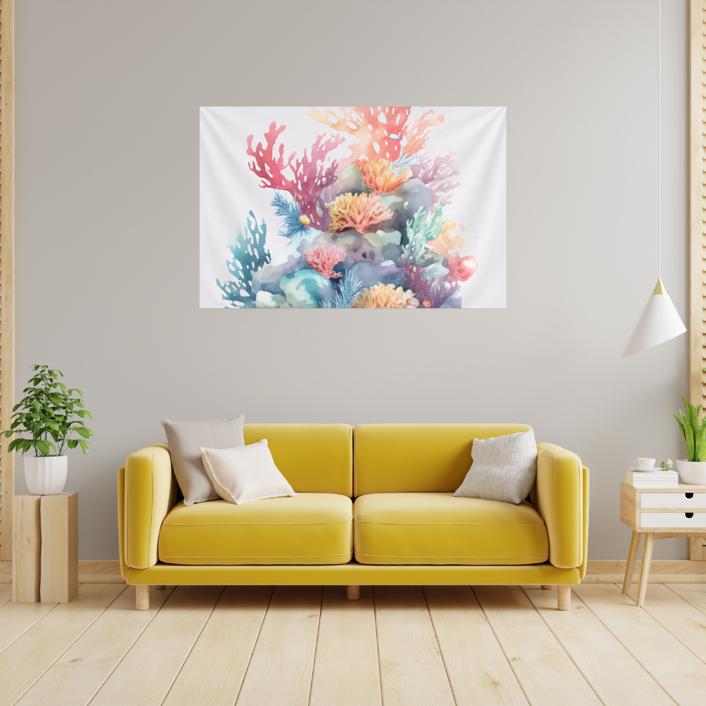 Vibrant Watercolor Coral Reef Scene Wall Tapestry