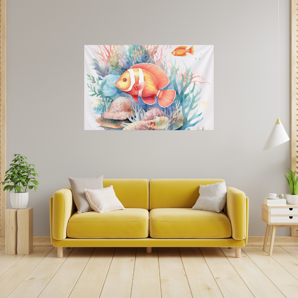 Watercolor Clownfish and Tropical Coral Reef Wall Tapestry