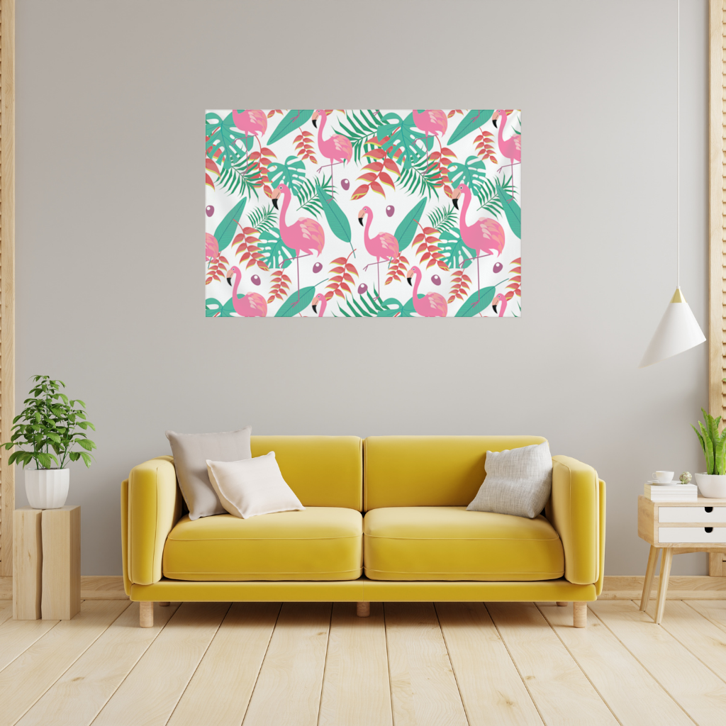 Pink Flamingo Tropical Leaves Wall Tapestry