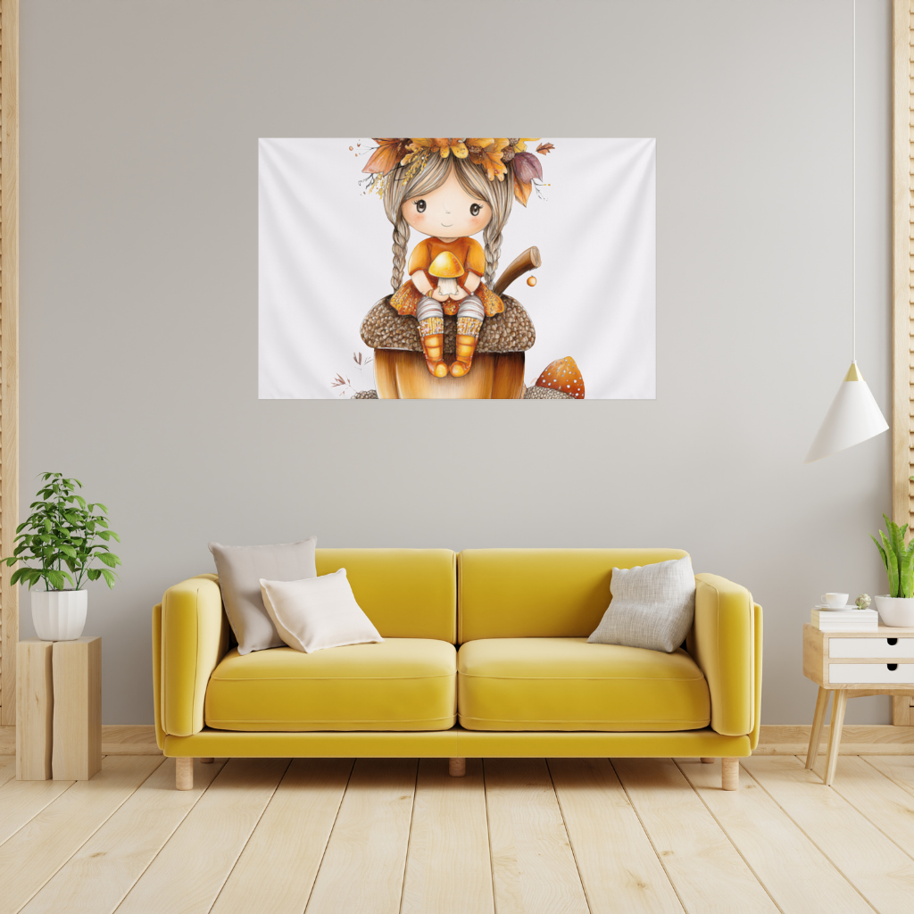 Autumn Acorn Mushroom Girl Wall Tapestry
