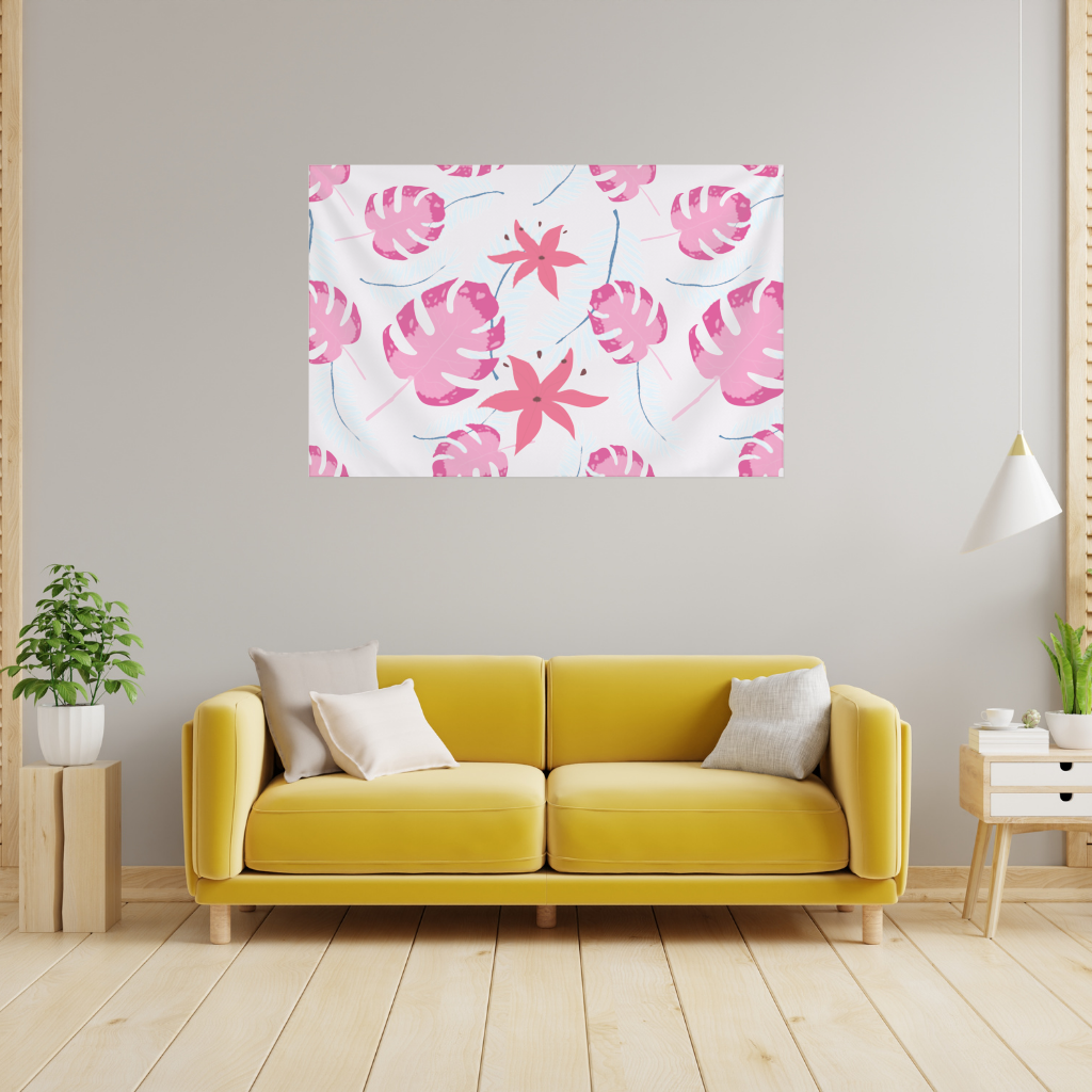 Pembe Monstera ve Tropikal Lilyum Duvar Örtüsü