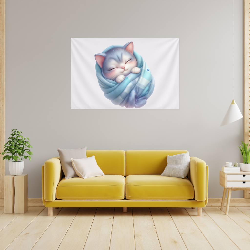Kawaii Sleeping Kitten in Blue Swaddle Wall Tapestry