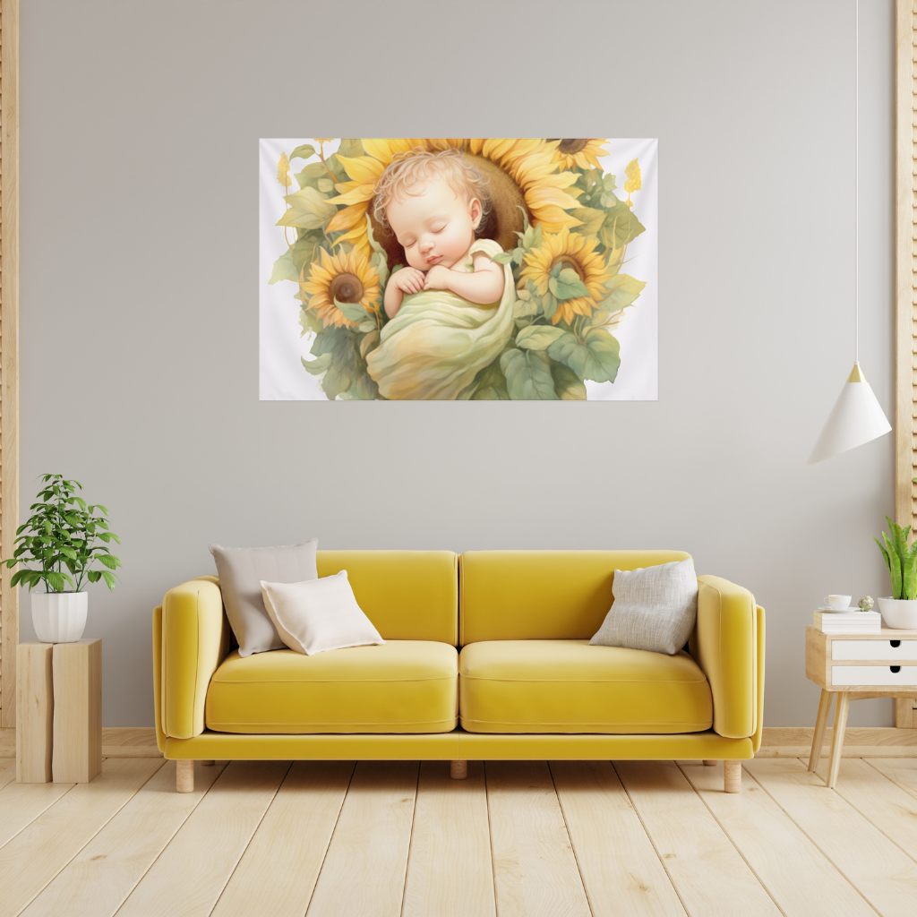 Ayçiçeği İçinde Uyuyan Bebek Duvar Örtüsü