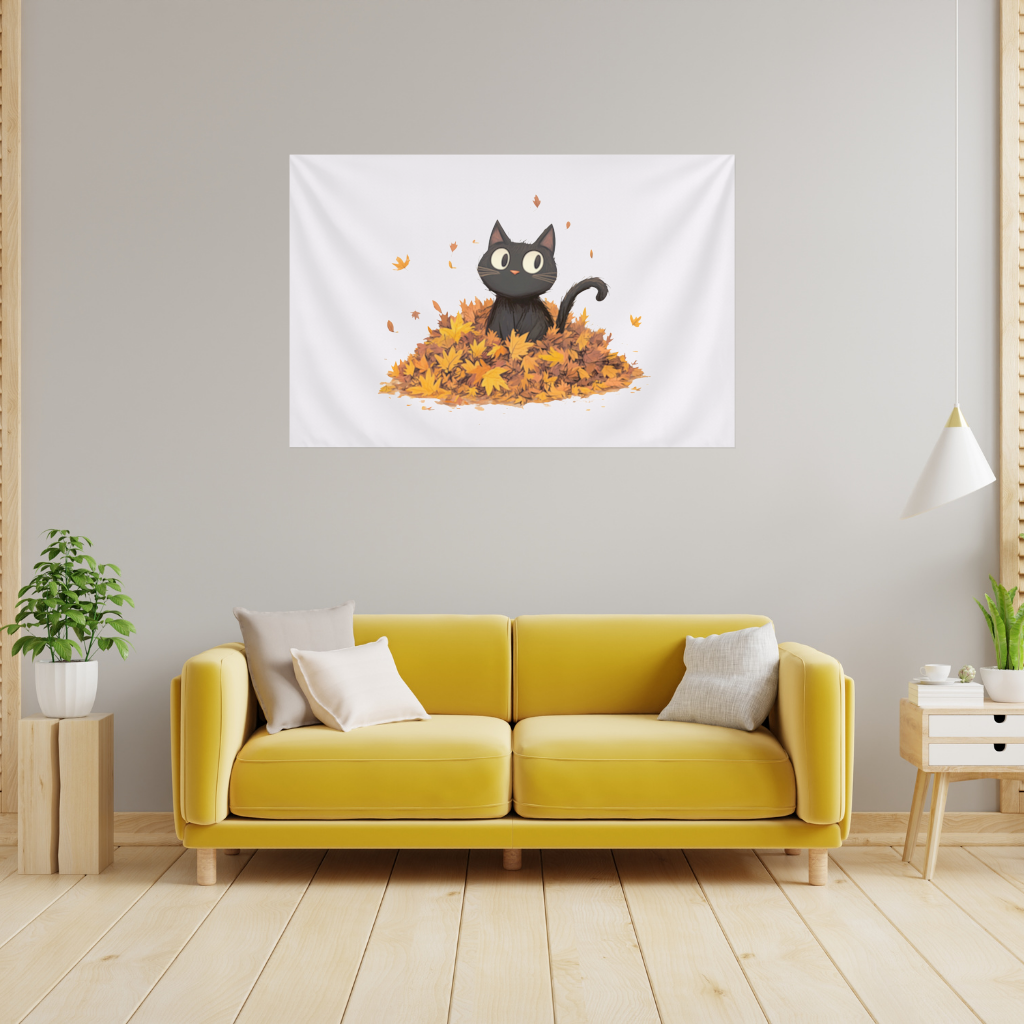 Cute Black Cat in Autumn Leaves Wall Tapestry