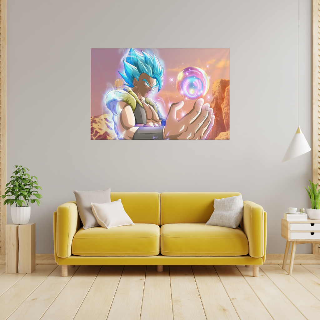 Blue Haired Warrior with Energy Orb Wall Tapestry