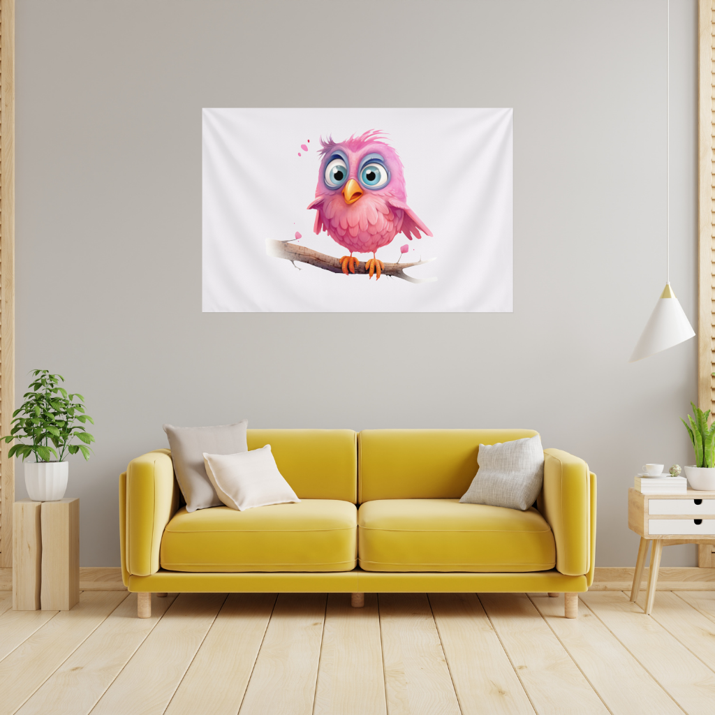 Cute Pink Bird with Large Blue Eyes Wall Tapestry