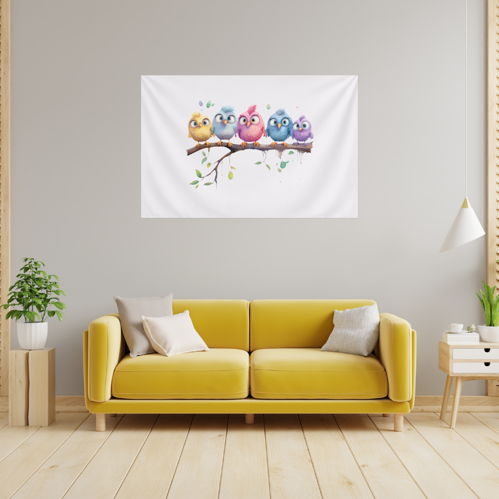 Five Colorful Kawaii Birds on Branch 