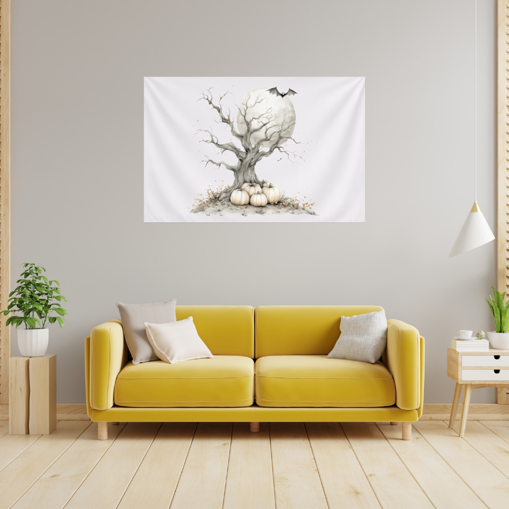 Spooky Tree with White Pumpkins Moon Wall Tapestry