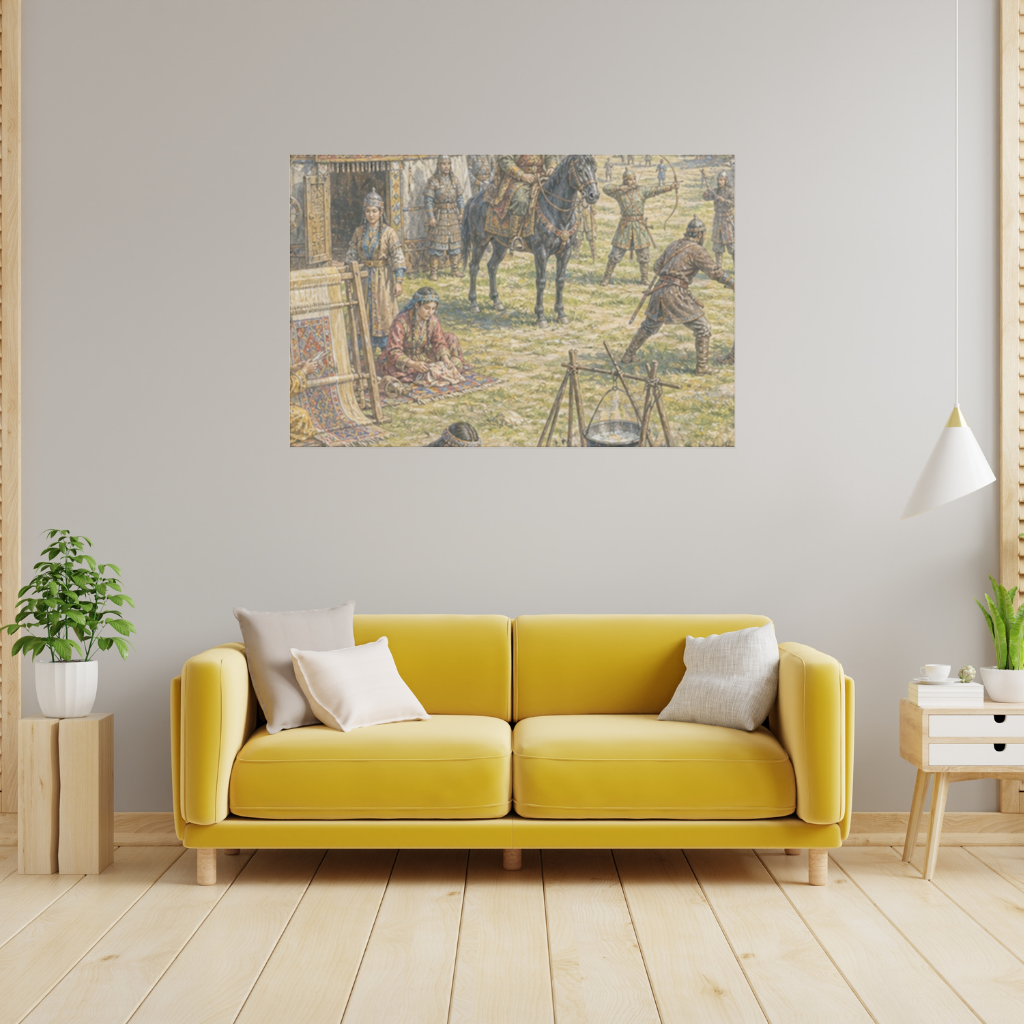 Ancient Steppe Heritage Historic Turkish Camp Scene Art Wall Tapestry